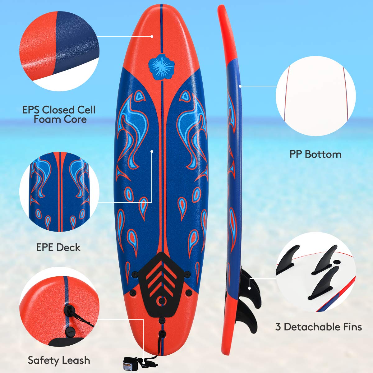 Giantex 6' Surfboard Surfing Surf Beach Ocean Body Foamier Board with Removable Fins