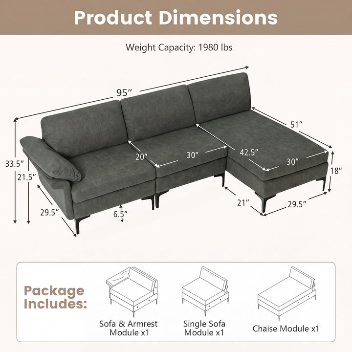 GIANTEX 95" L-Shaped Modular Sectional Sofa with Storage &amp; Charging Station