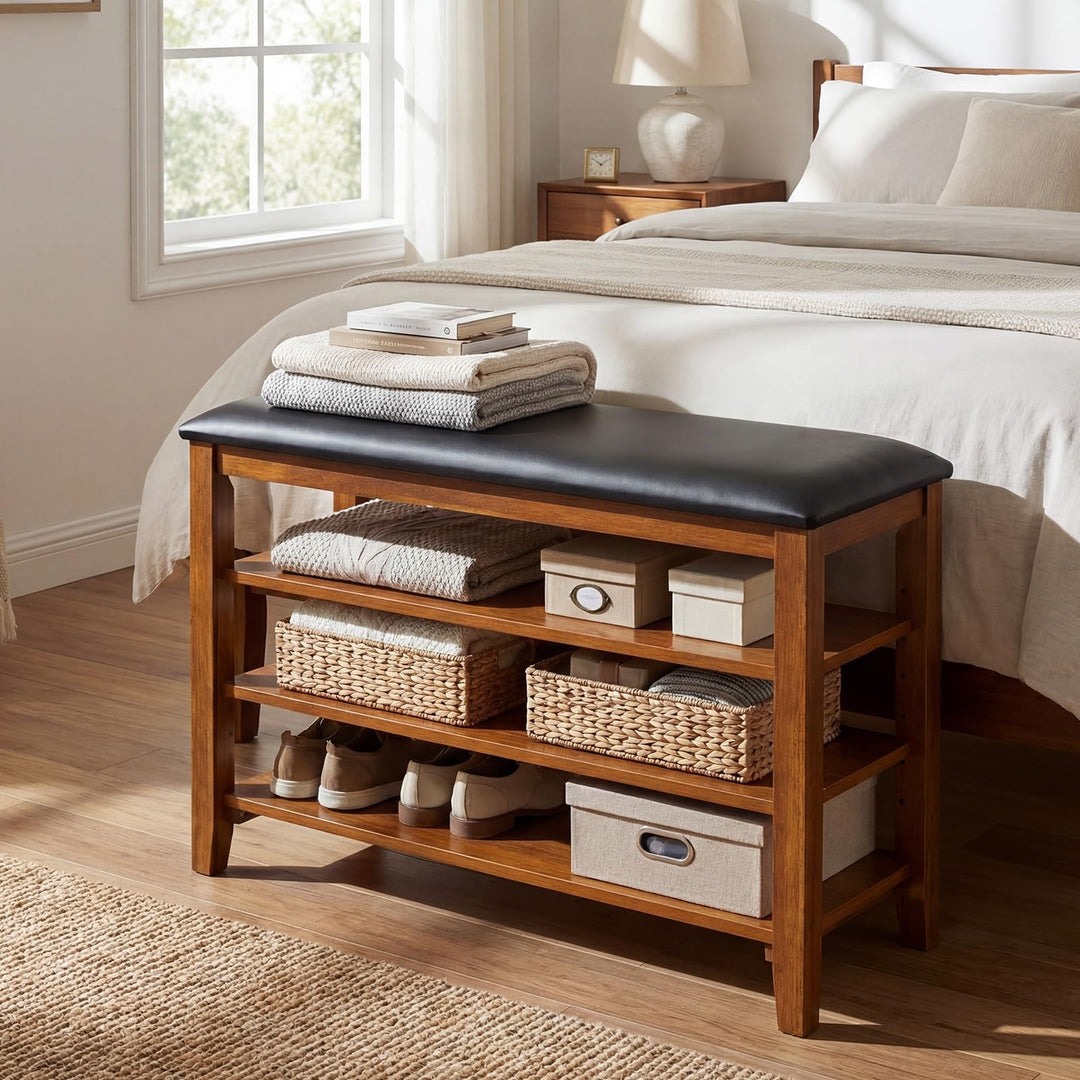 Giantex 4-Tier Shoe Rack Bench | Rubber Wood Entryway Bench with Adjustable Shelves