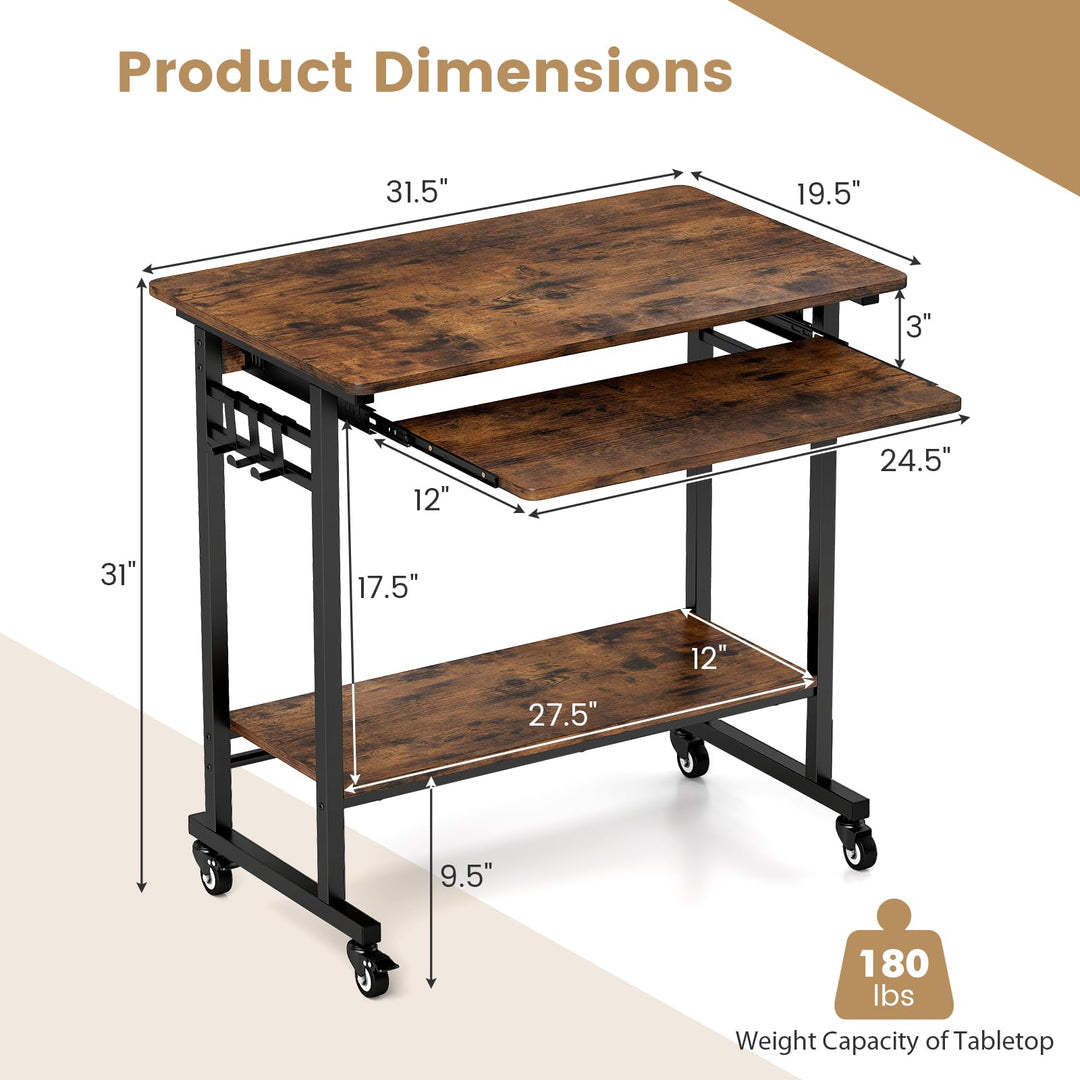 Giantex Mobile Computer Desk, Rolling Writing Desk with Keyboard Tray, Shelf & 3 Hanging Hooks, Rustic Brown & Black