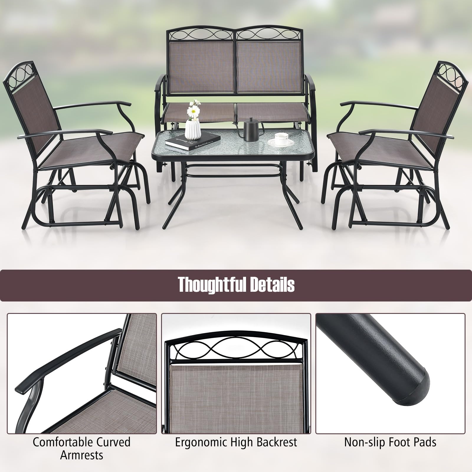 Giantex 4 or 2 PCS Outdoor Glider Chairs Set - Patio Furniture Set with Tempered Glass Table (4 PCS, Brown)