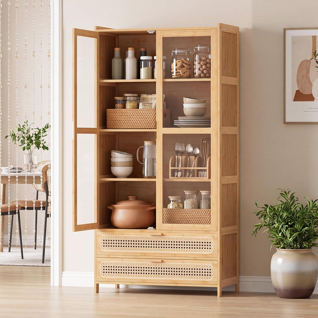 GIANTEX 54.5" Tall 6-Tier Freestanding Bamboo Bookshelf with 2 Acrylic Doors and 2 Drawers
