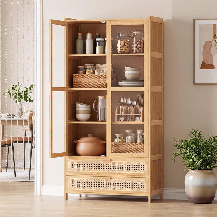 GIANTEX 54.5" Tall 6-Tier Freestanding Bamboo Bookshelf with 2 Acrylic Doors and 2 Drawers