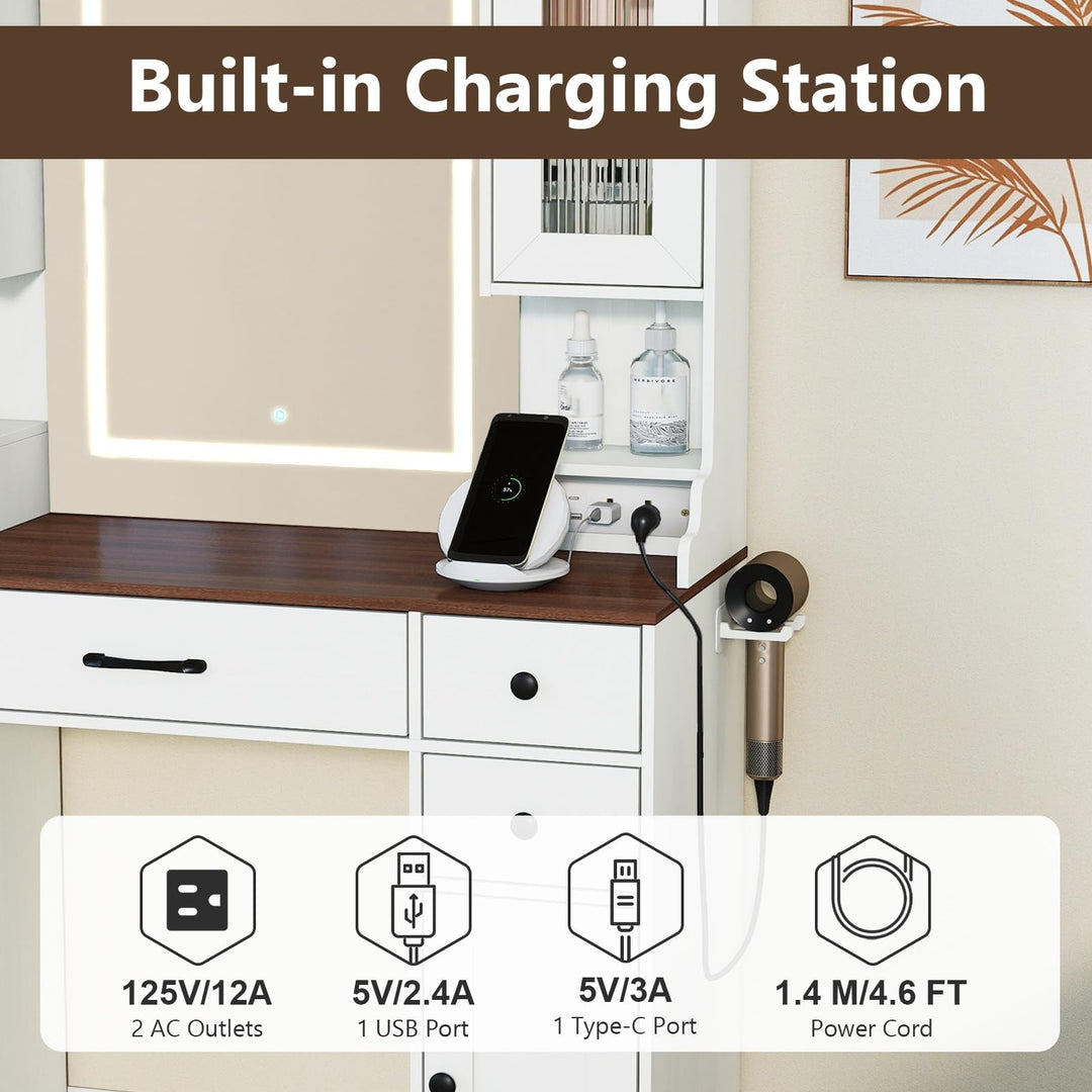 CHARMAID 41.5 Inch Makeup Dressing Table with Power Outlets and 3 Color Lighting Modes