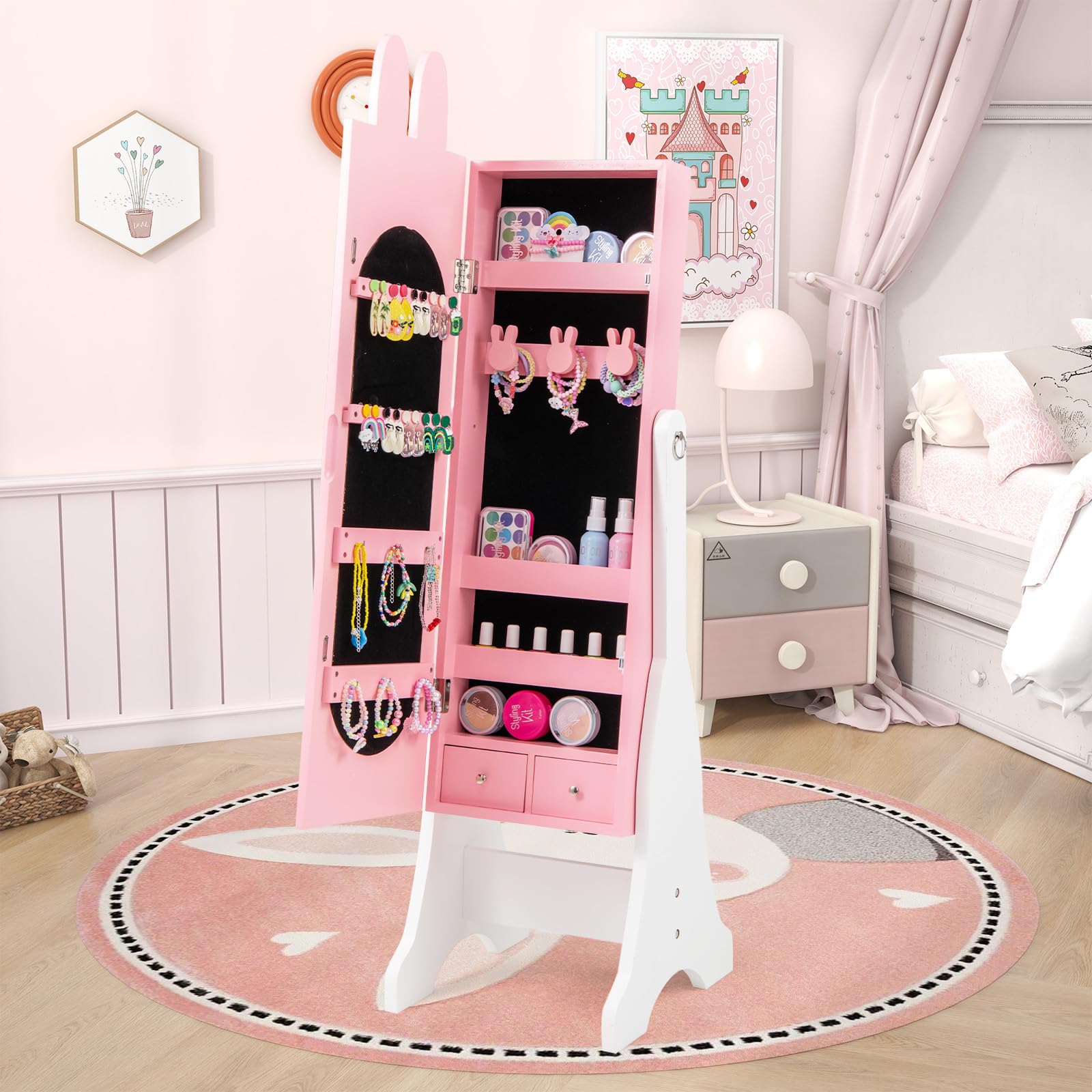 CHARMAID Kids Mirror Jewelry Cabinet - 45" Standing Jewelry Armoire with Full Length Mirror