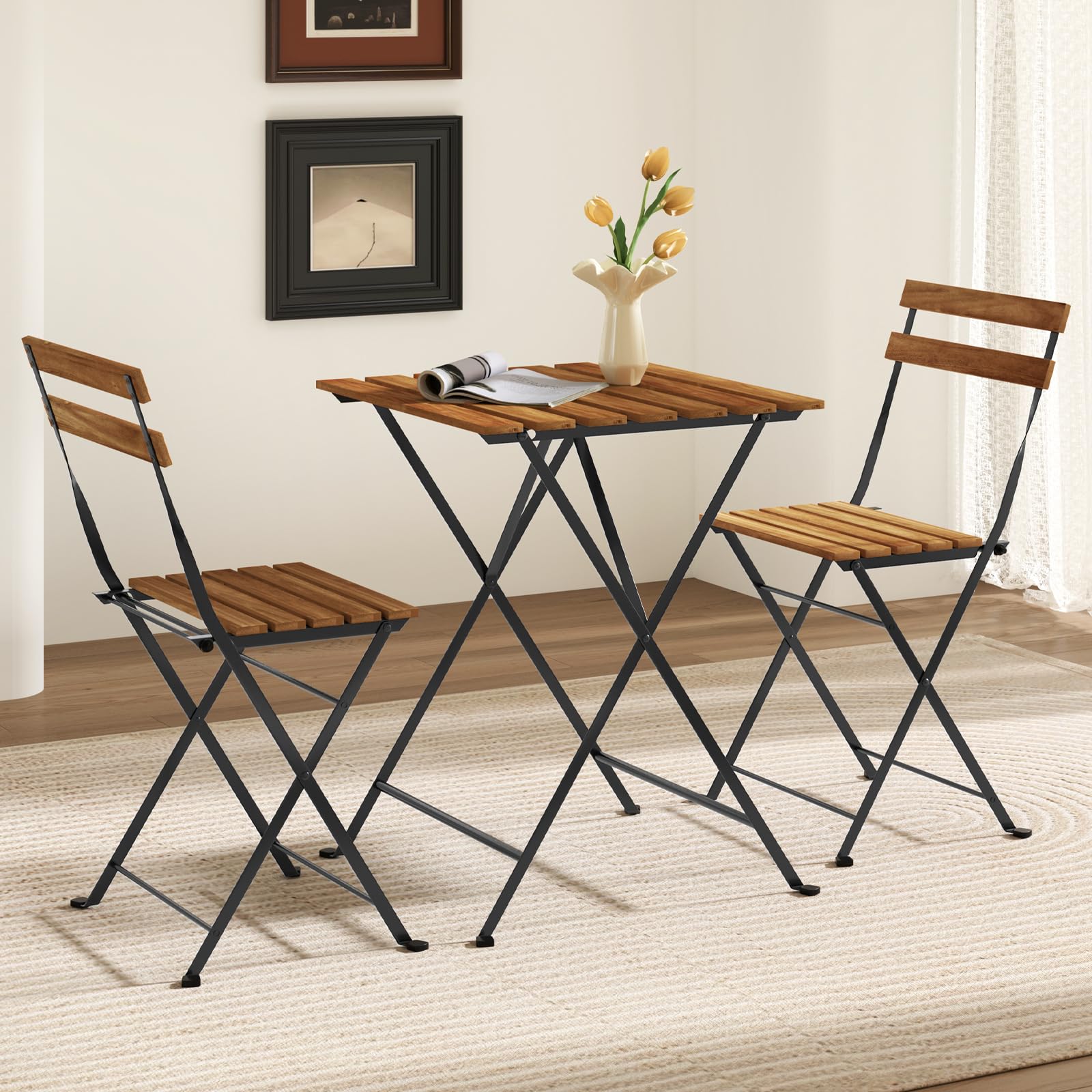 Giantex 3-Piece Acacia Wood Bistro Set with 2 Folding Chairs, Slatted Seat & Tabletop