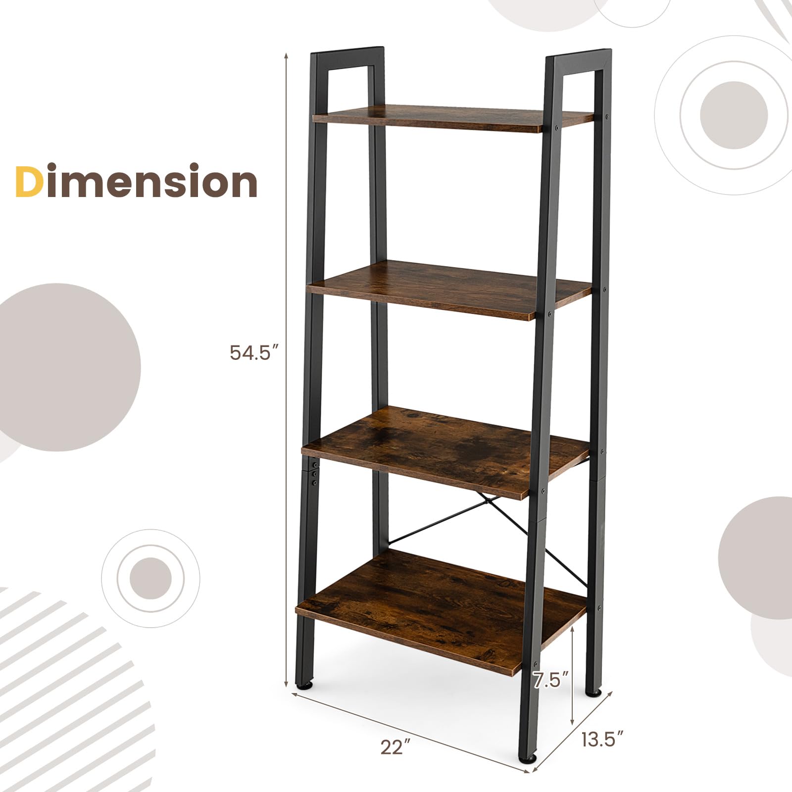 Giantex Industrial 4-Tier Bookshelf, Ladder Bookshelf with Metal Frame, Anti-Tipping Kits