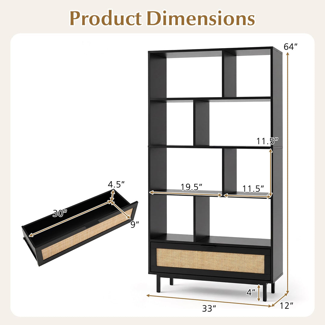 Giantex 64" Tall 6-Tier Wood Bookshelf with Rattan Drawer