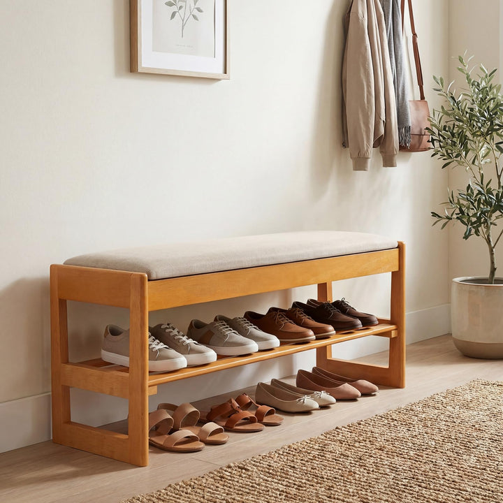 Giantex Rubberwood  Shoe Rack Bench with Linen Seat Cushion