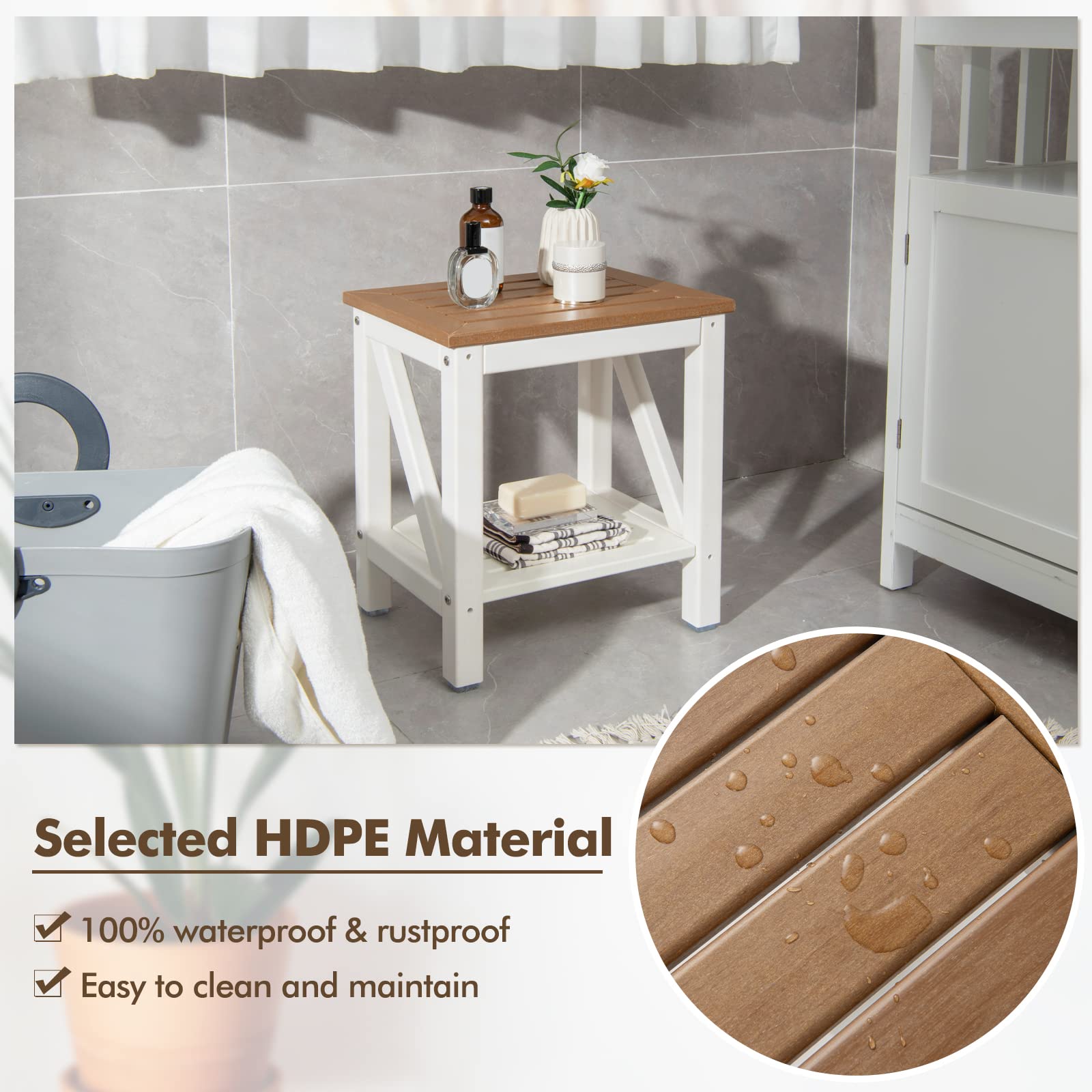 Giantex Shower Bench Waterproof HDPE - Shower Stool with Storage Shelf, 2-Tier Plastic Spa Bath Step Shower Seat