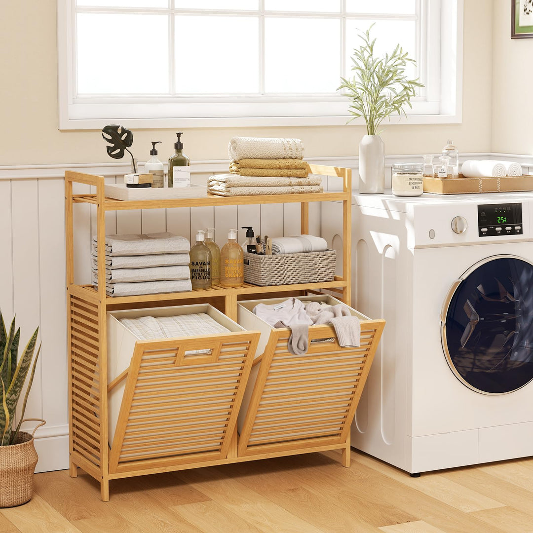 Giantex Double Tilt Out Laundry Hamper w/2-Tier Storage Shelf