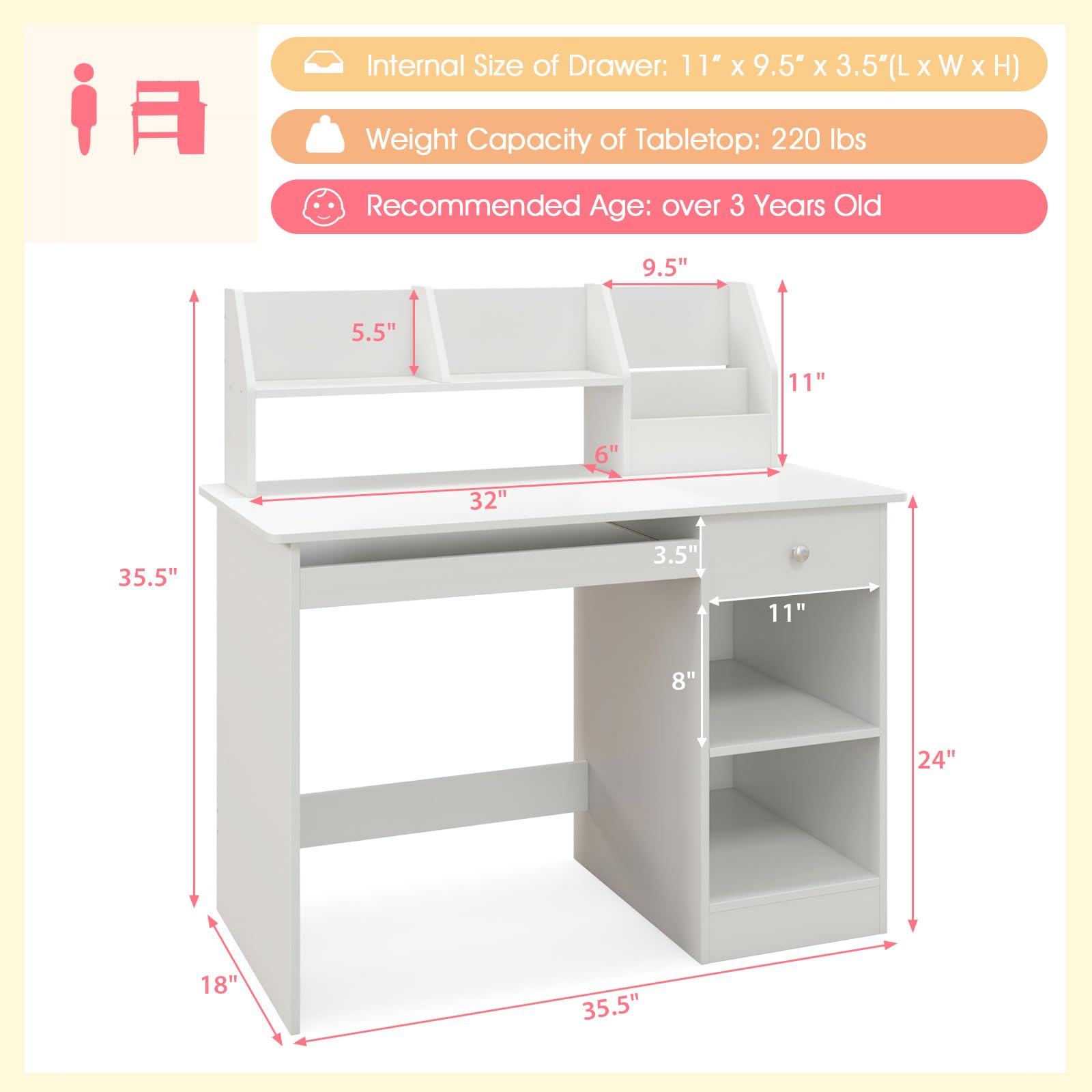 Giantex Kids Study Desk, Children Wooden Writing Table with Hutch