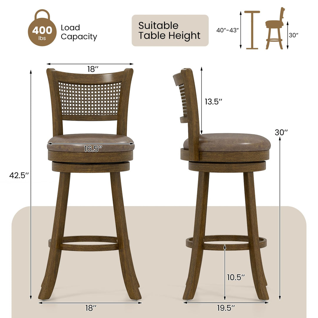 Giantex 30" Bar Height Bar Chairs with PE Rattan Backrest Upholstered Leathaire Barstools