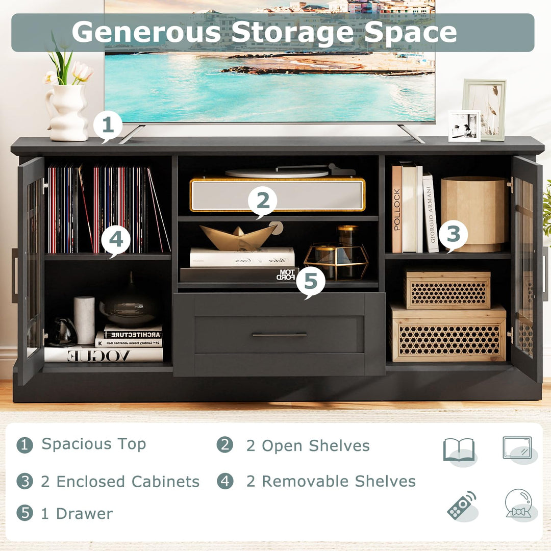 Giantex Farmhouse TV Stand for 65/70 Inch TV with Storage Cabinets & Glass Door