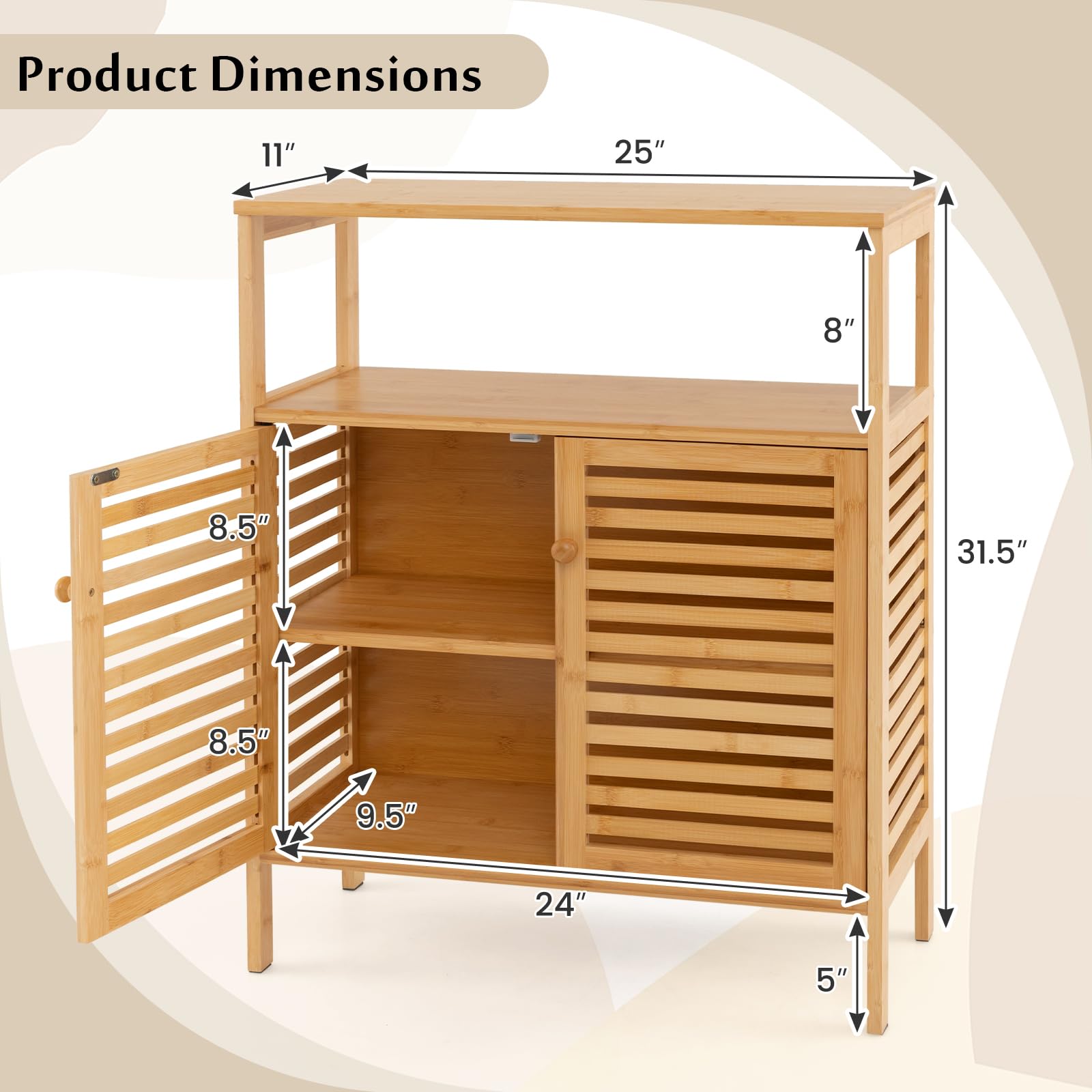 Giantex Storage Cabinet, Bamboo Bathroom Floor Cabinet with Double Louvered Doors