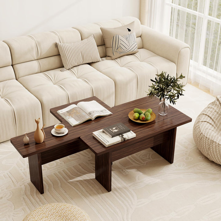 Giantex L-Shaped Coffee Table Set of 2 Modular Nesting Center Table with Grain Finish