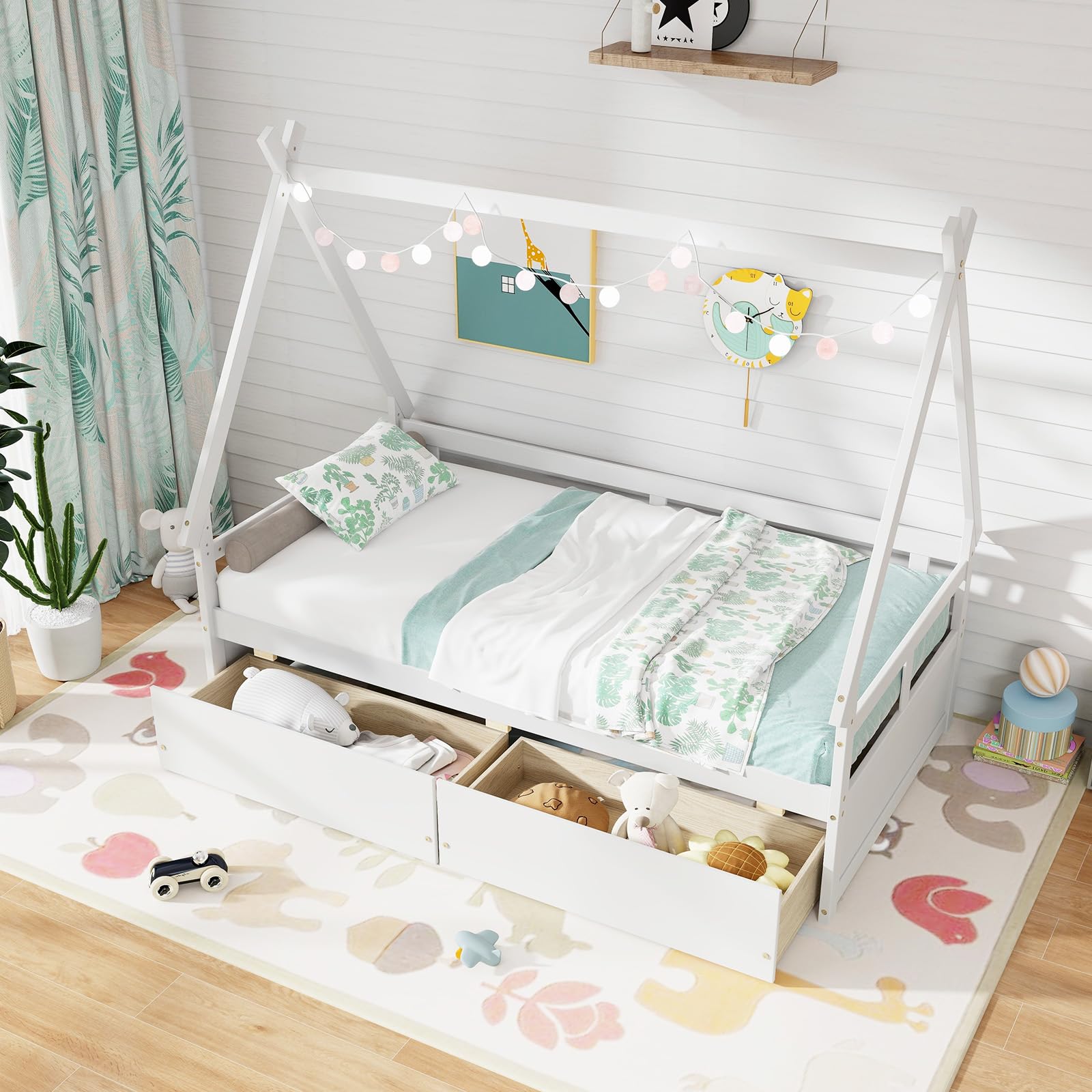 Giantex Twin Bed with 2 Storage Drawers, Wood Montessori House Tent Bed Frame with Safety Guardrail
