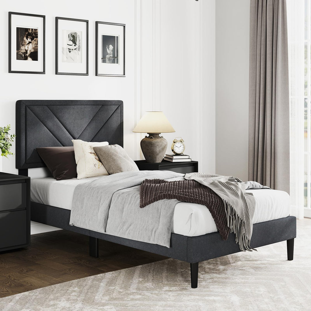 Upholstered Platform Bed Frame with Diagonal Channel Tufted Headboard