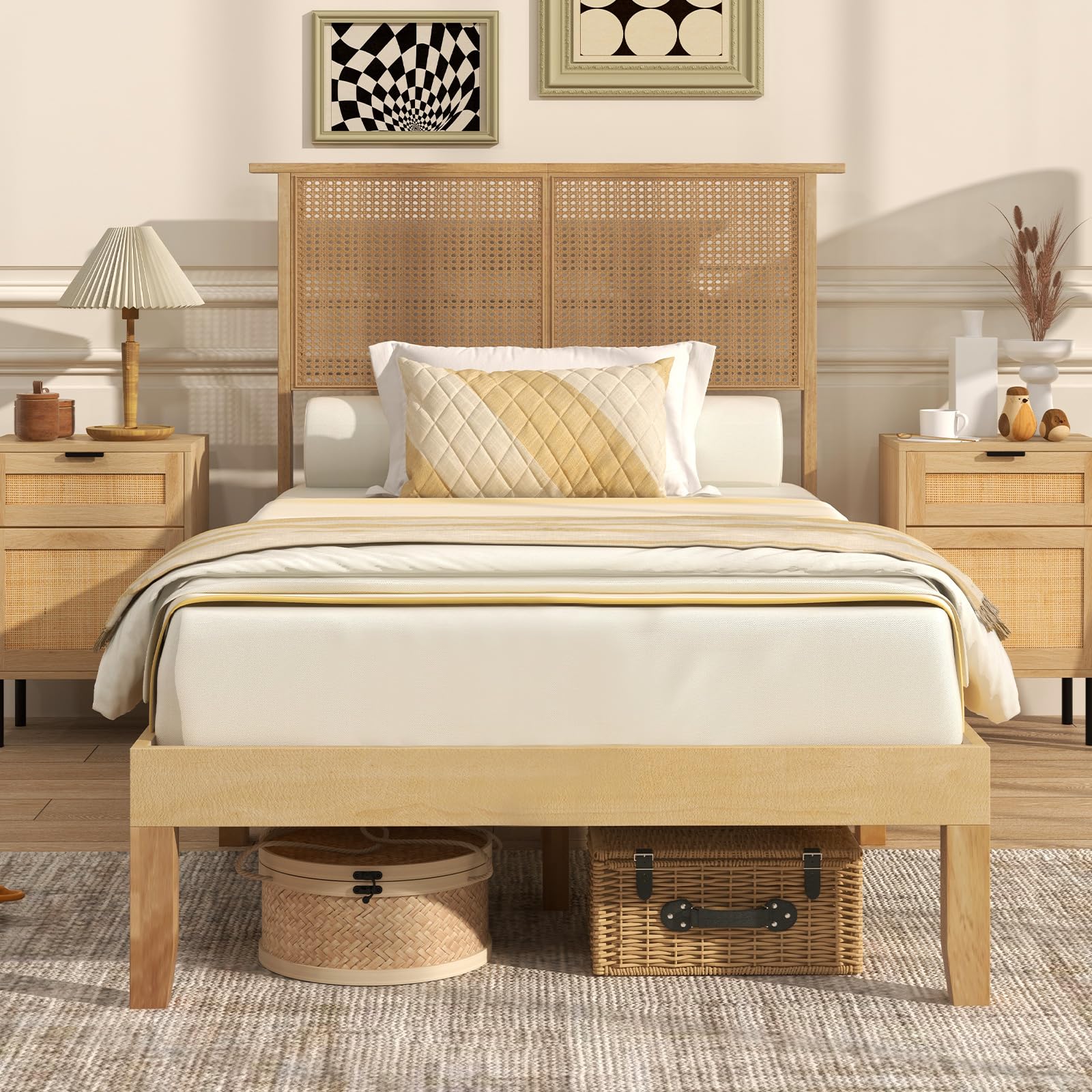 Giantex Bed Frames with Rattan Headboard, Boho Solid Wood Platform Bed with Wooden Slats