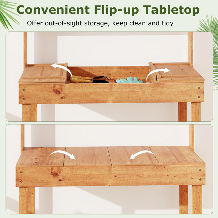 Giantex Outside Solid Wood Potting Table with Flip-up Tabletop