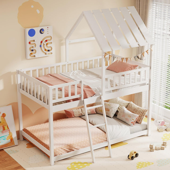 Twin Over Twin House Bunk Bed, Low Loft Bed Frame with Roof