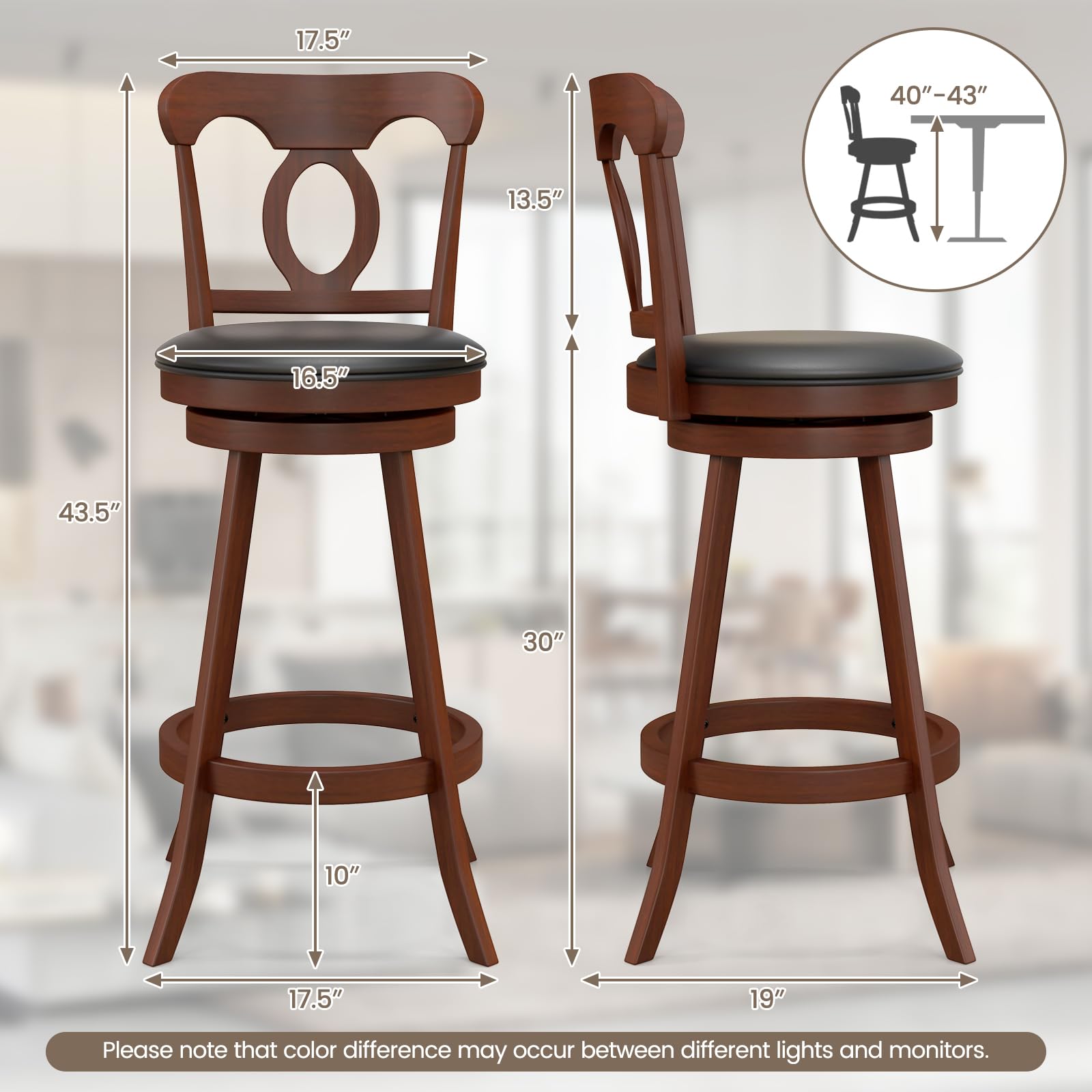 Giantex Swivel Bar Stools Set of 2, 24" Counter Height Barstools with Back, Solid Rubber Wood Frame