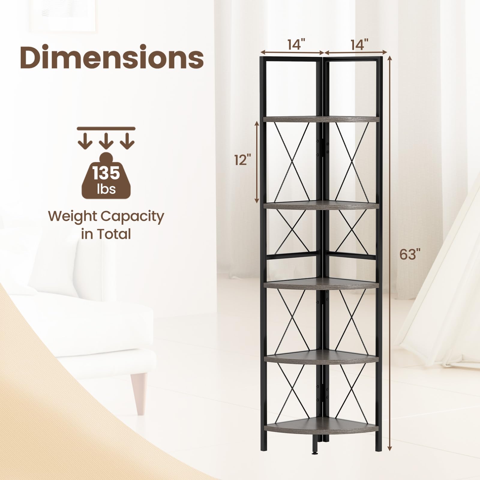 Giantex 5-Tier Corner Shelf, 63" Tall Corner Bookshelf, Freestanding Storage Rack w/Metal Frame