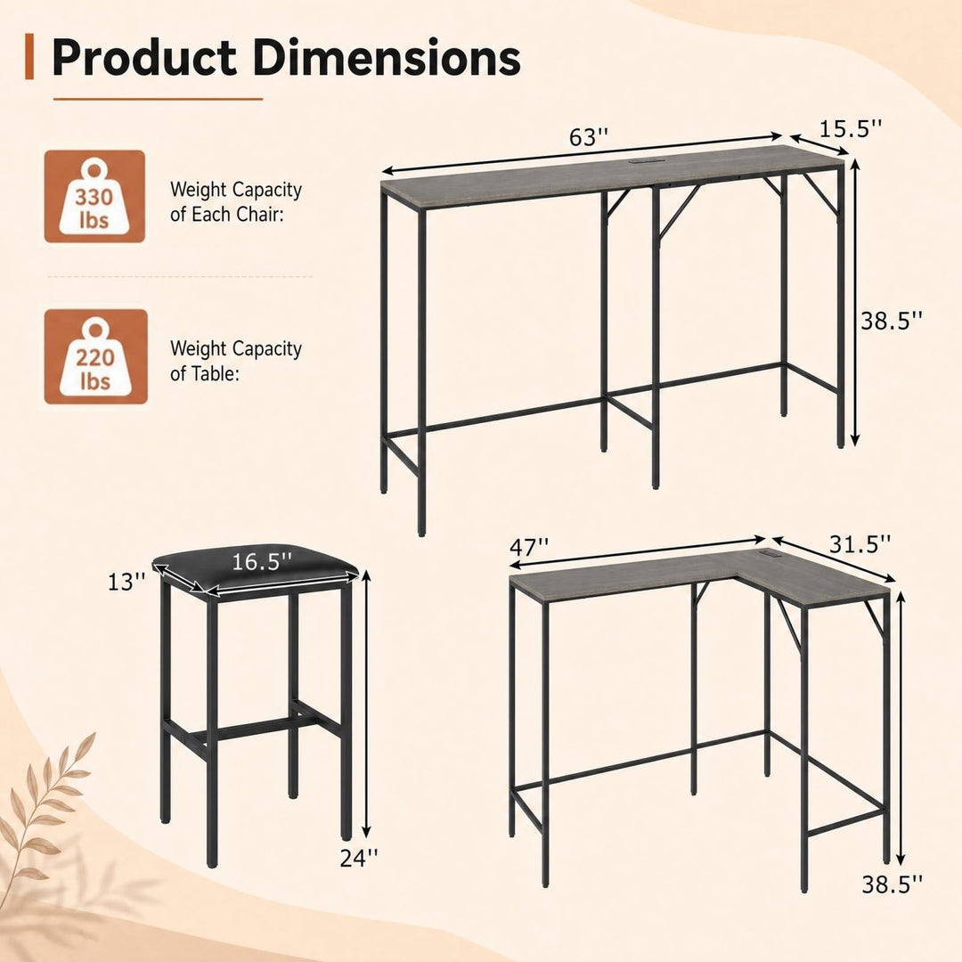 3-Piece Convertible L-Shaped Kitchen Table Chair Set with 2 AC Outlets  USB Port and Type-C Port