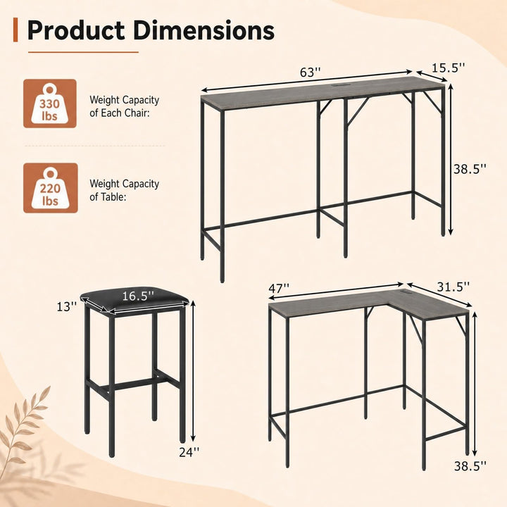 3-Piece Convertible L-Shaped Kitchen Table Chair Set with 2 AC Outlets  USB Port and Type-C Port