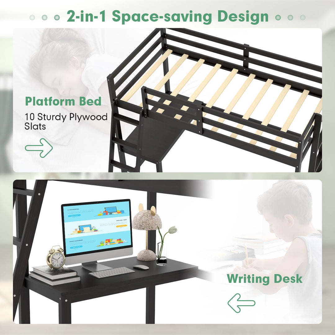 Giantex Twin Size Loft Bed with Desk, Solid Wood Loft Bed with 2 Ladders & Full Length Guardrail