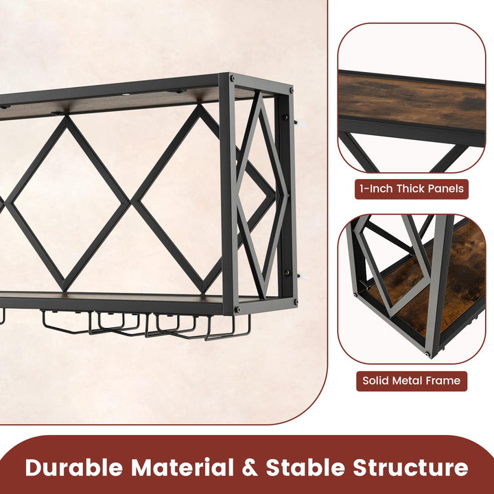 Giantex Wall Mounted Wine Rack, Wine Display Shelf w/Wine Bottle Rack & 6 Rows of Stemware Holder