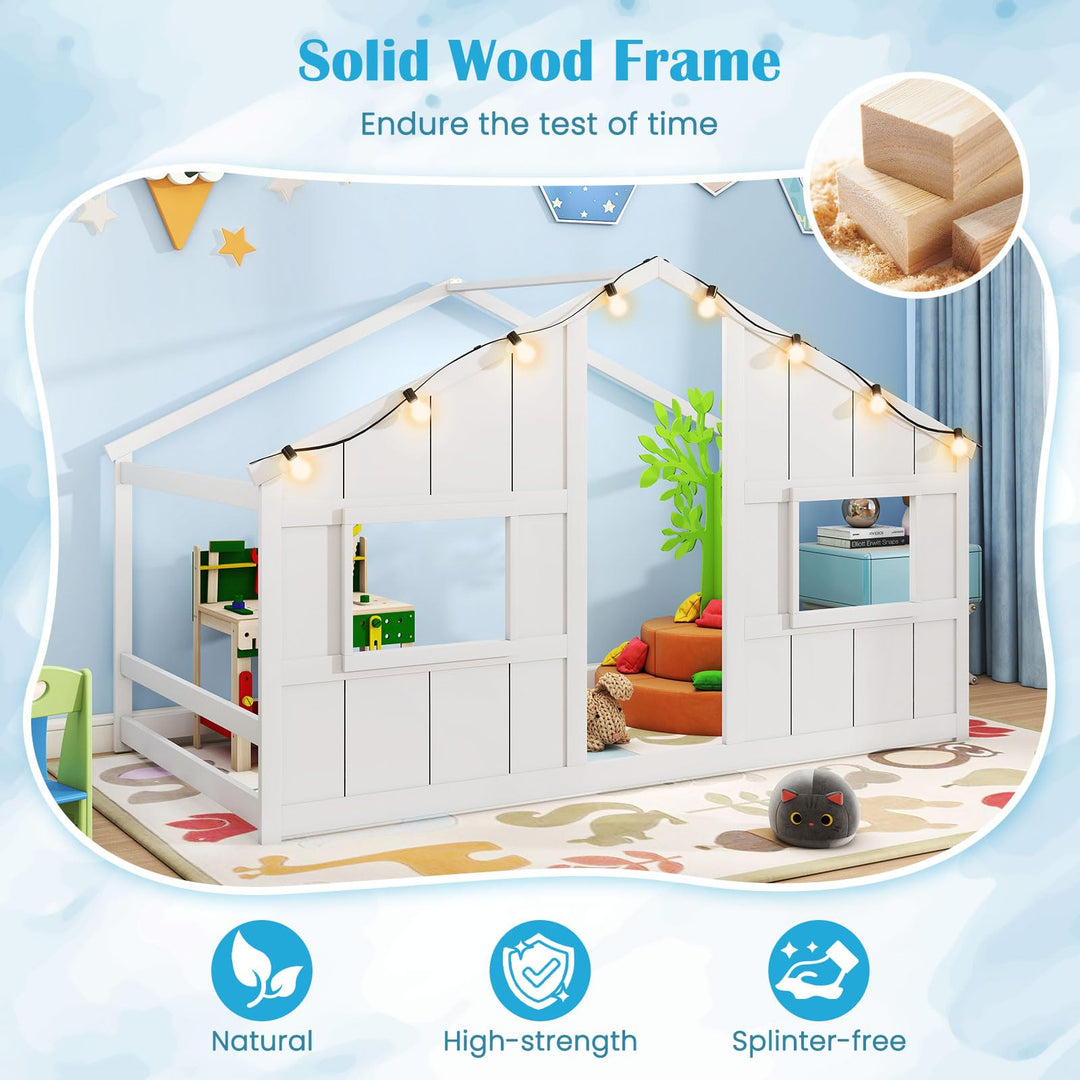 Giantex Twin Kids House Bed with Light Bulbs Wooden Montessori Floor Bed Frame with Roof & Windows