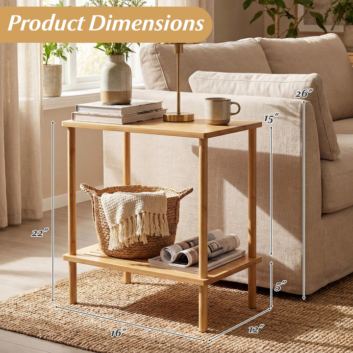 Giantex Bamboo Side Table Set of 2 w/Storage Shelves