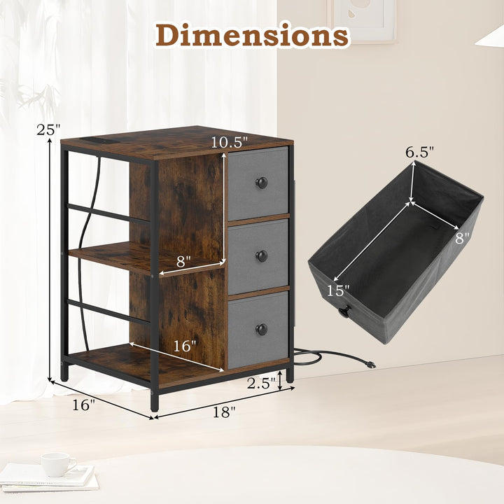 Giantex Industrial Nightstand with Charging Station - End Side Table w/3 Fabric Drawers