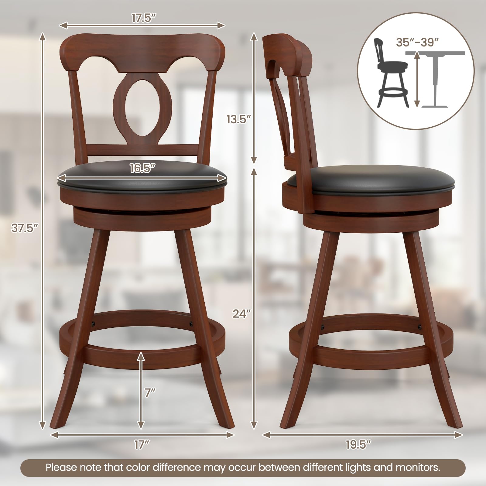 Giantex Swivel Bar Stools Set of 2, 24" Counter Height Barstools with Back, Solid Rubber Wood Frame