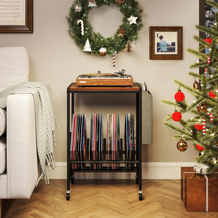 Giantex Rolling Record Player Stand 2-Tier with Vinyl Storage and Magazine Holder Bag