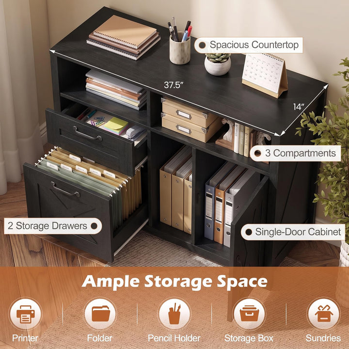Lateral File Cabinet with 2 Drawers and Single-Door Cabinet for Letter/A4