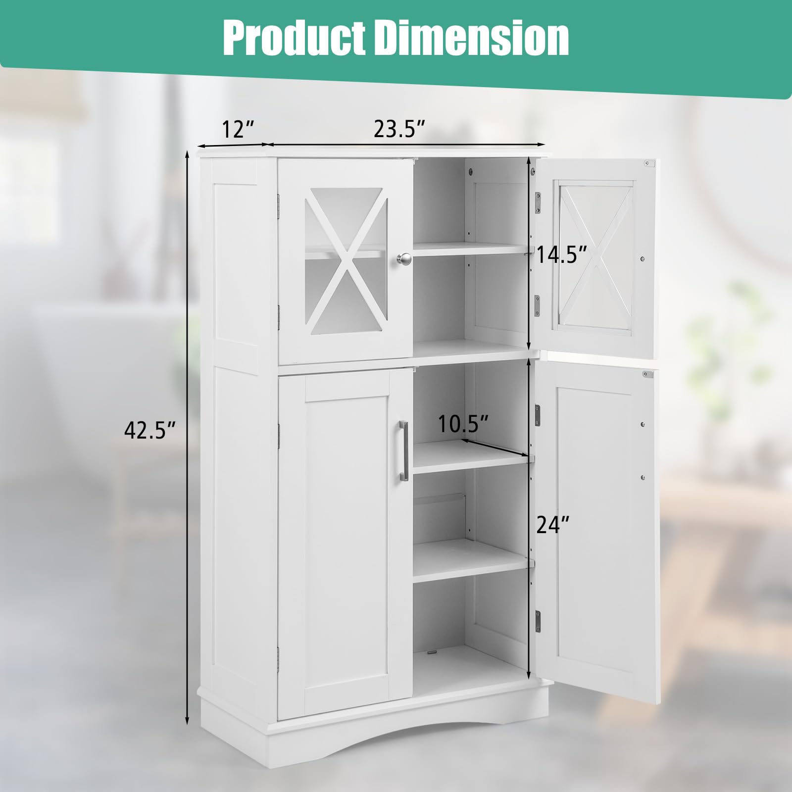 Giantex Bathroom Floor Storage Cabinet - Linen Floor Cabinet with Doors and Adjustable Shelves