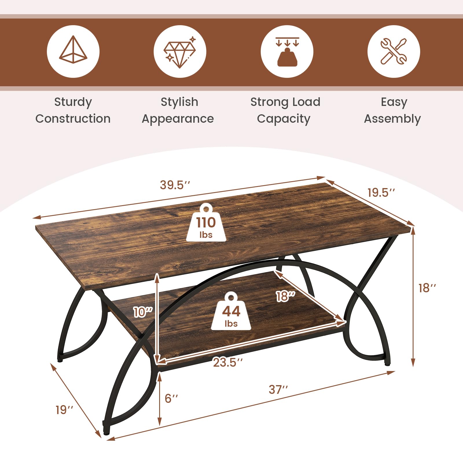 Giantex 2-Tier Rectangular Coffee Table, Modern Chic Cocktail Table with Open Storage Shelf, White/Gold