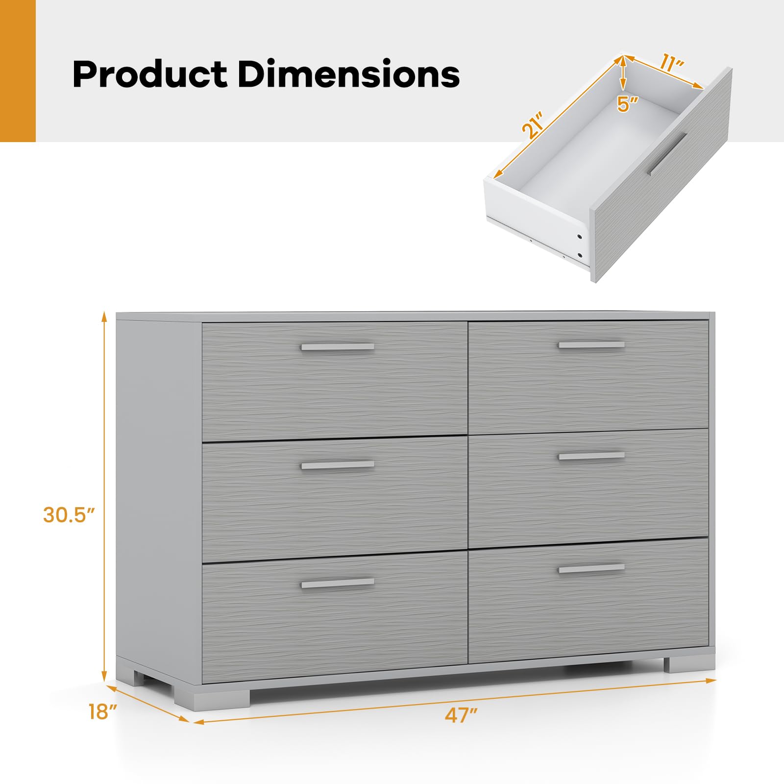 Giantex Storage Cabinet with 6 Drawers, Metal Legs & Handles, Anti-Toppling Devices, Grey