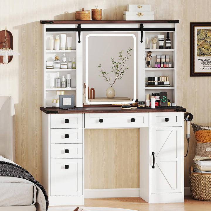 CHARMAID Farmhouse Vanity Table with Barn-Style Sliding Lighted Mirror 45 in Makeup Vanity Desk with Charging Station