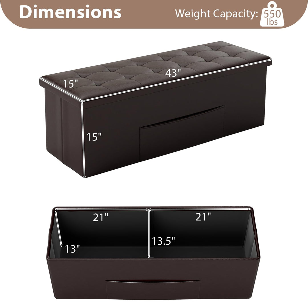 Giantex 43 Inches Folding Storage Ottoman Bench Upholstered PU Leather Storage Chest with Side Pocket