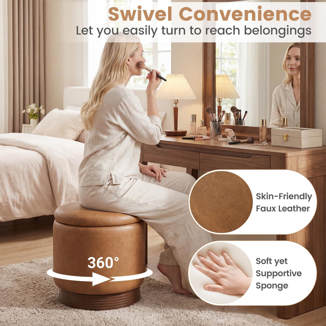 Giantex Round Ottoman with Storage 360° Swivel Faux Leather Vanity Stool