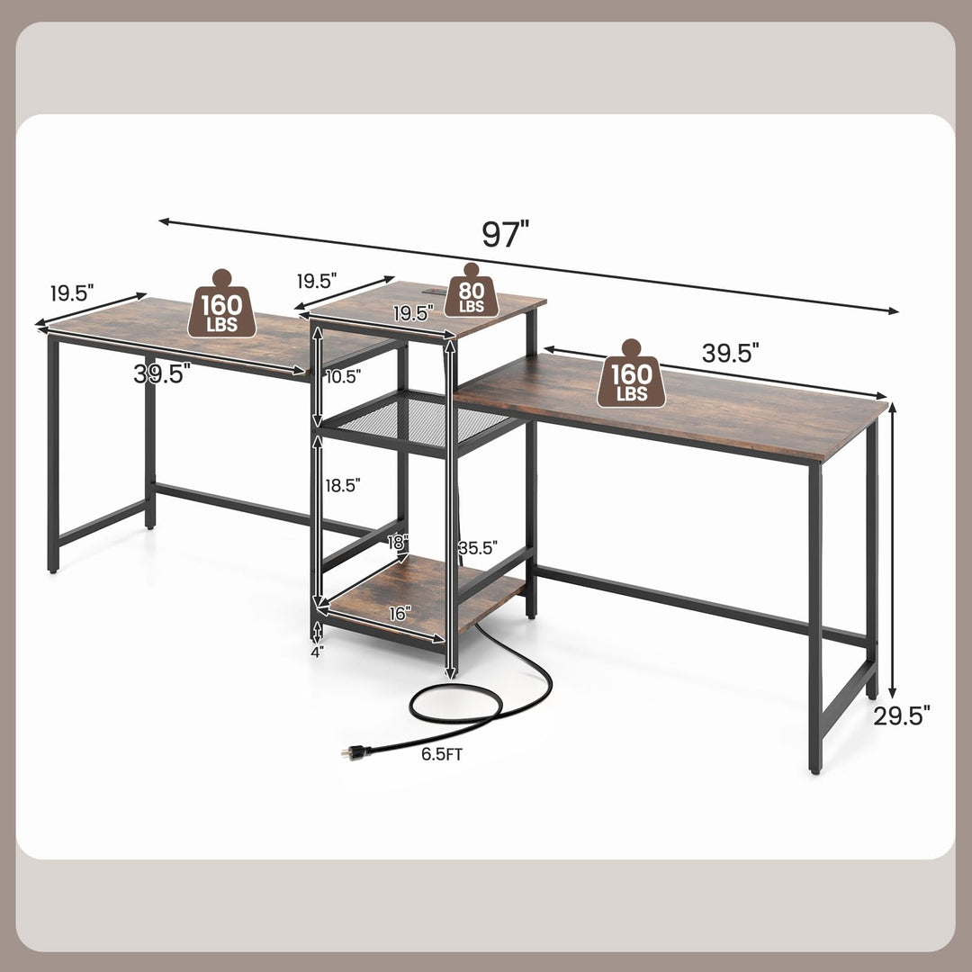 Giantex 97" 2 Person Desk with Power Outlets, Extra Long Double Computer Desk w/Printer Stand