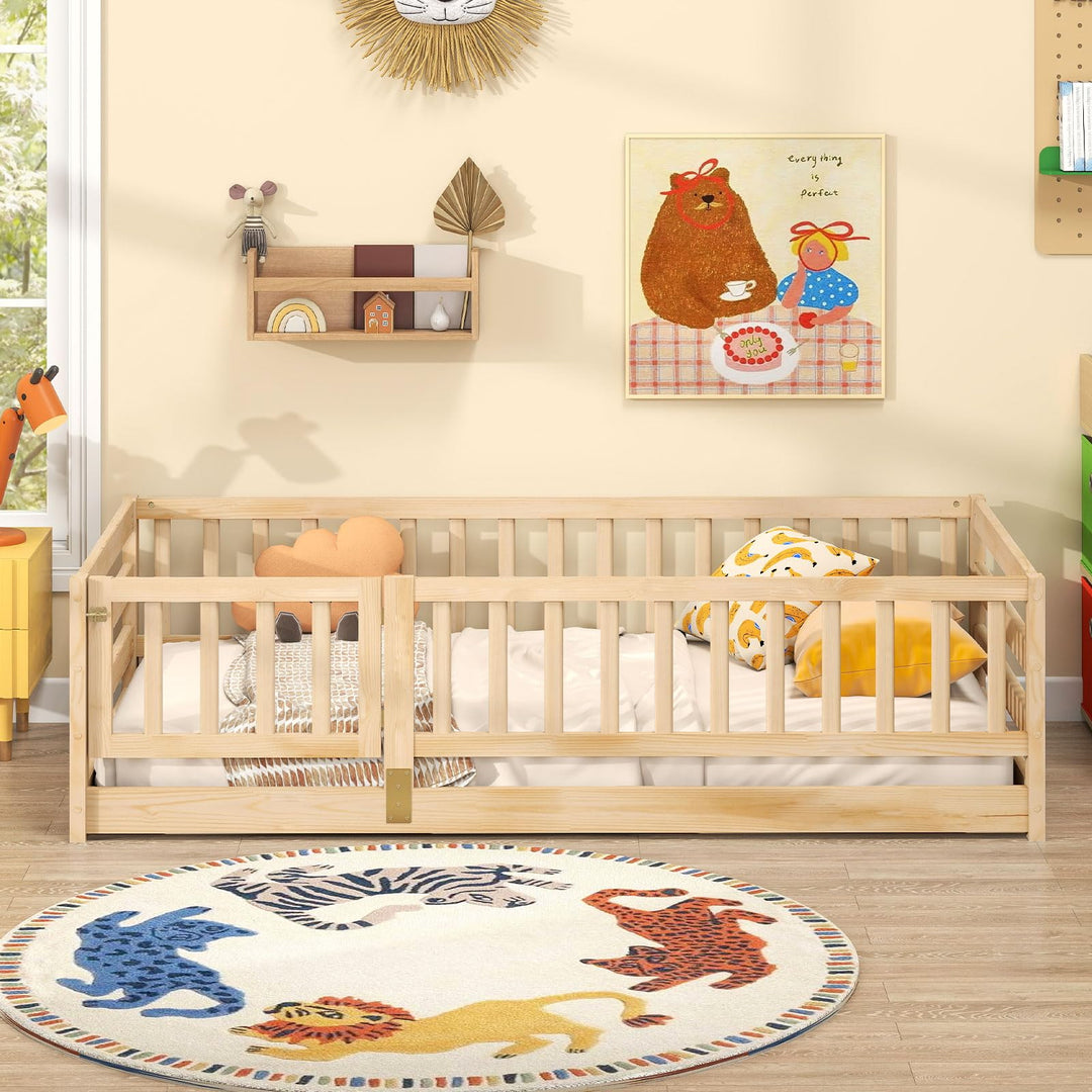 Giantex Twin Floor Bed with High Fence & Door