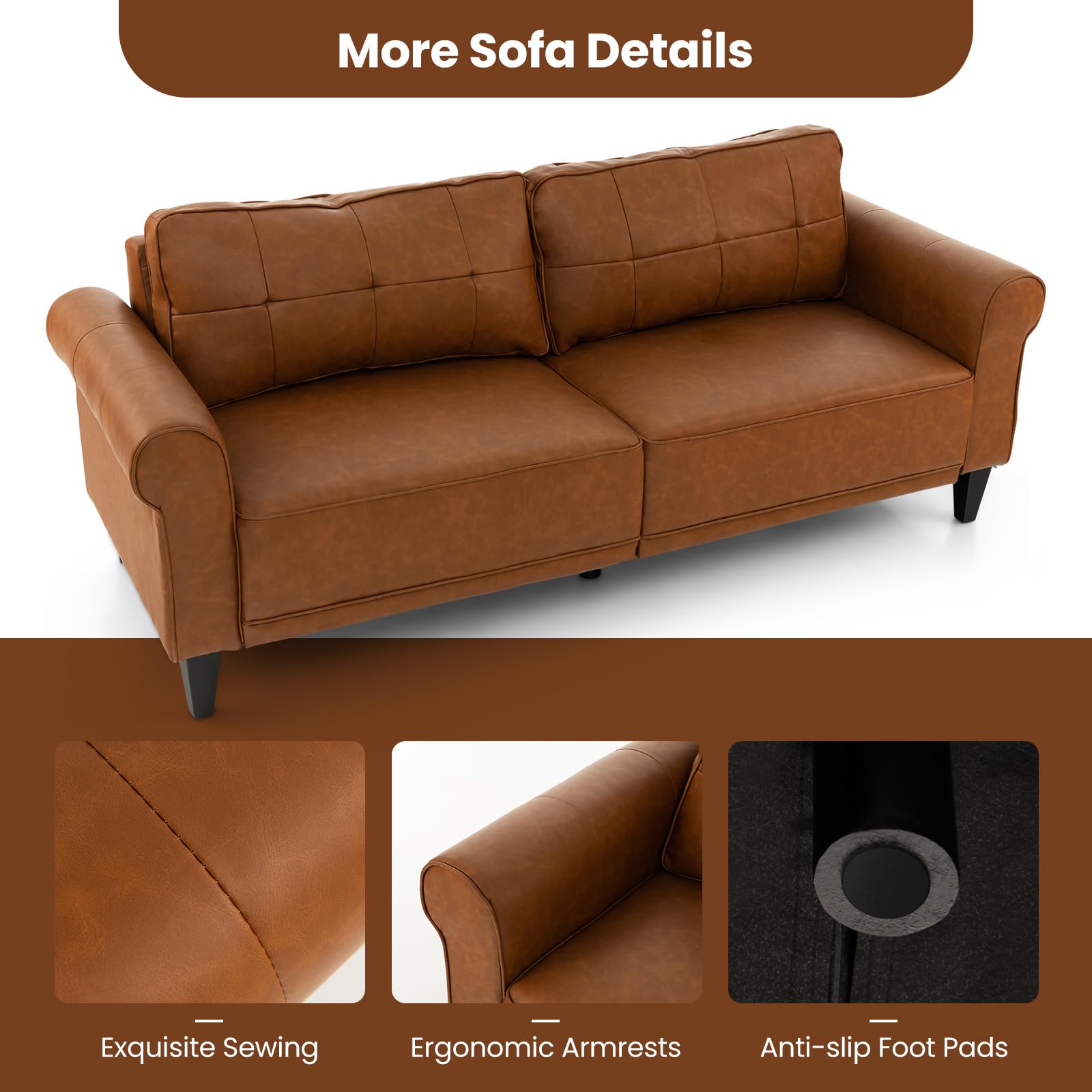 Giantex Sofa Couch, 81.5'' Upholstered 3-Seater Sofa Couch with Faux Leather (Brown)