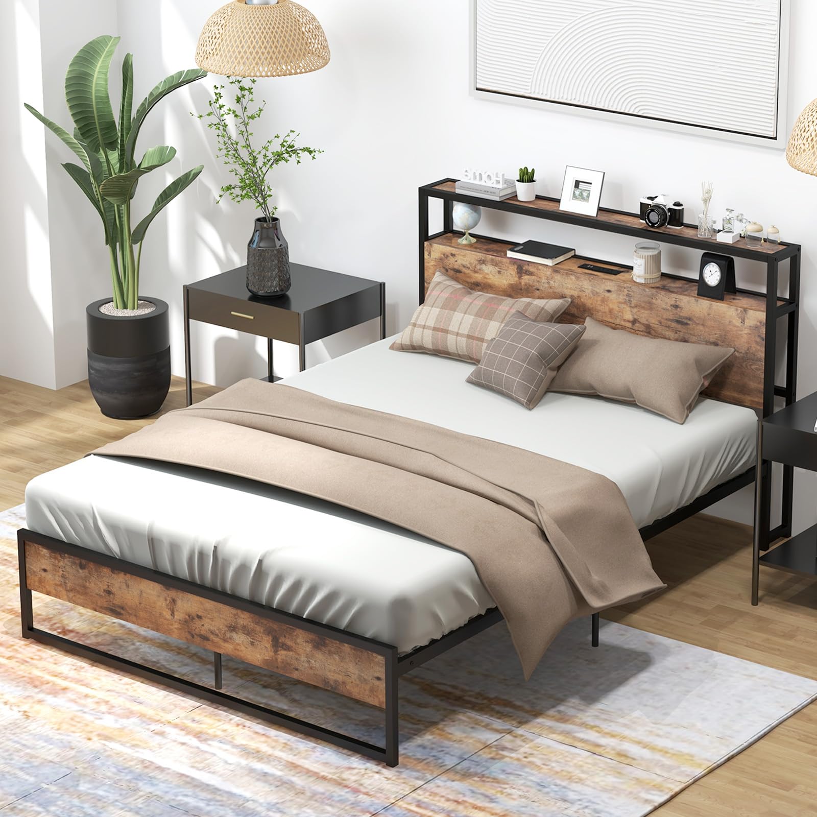 Giantex Full Bed Frame with Storage Headboard and Charging Station, with Outlets and USB Ports