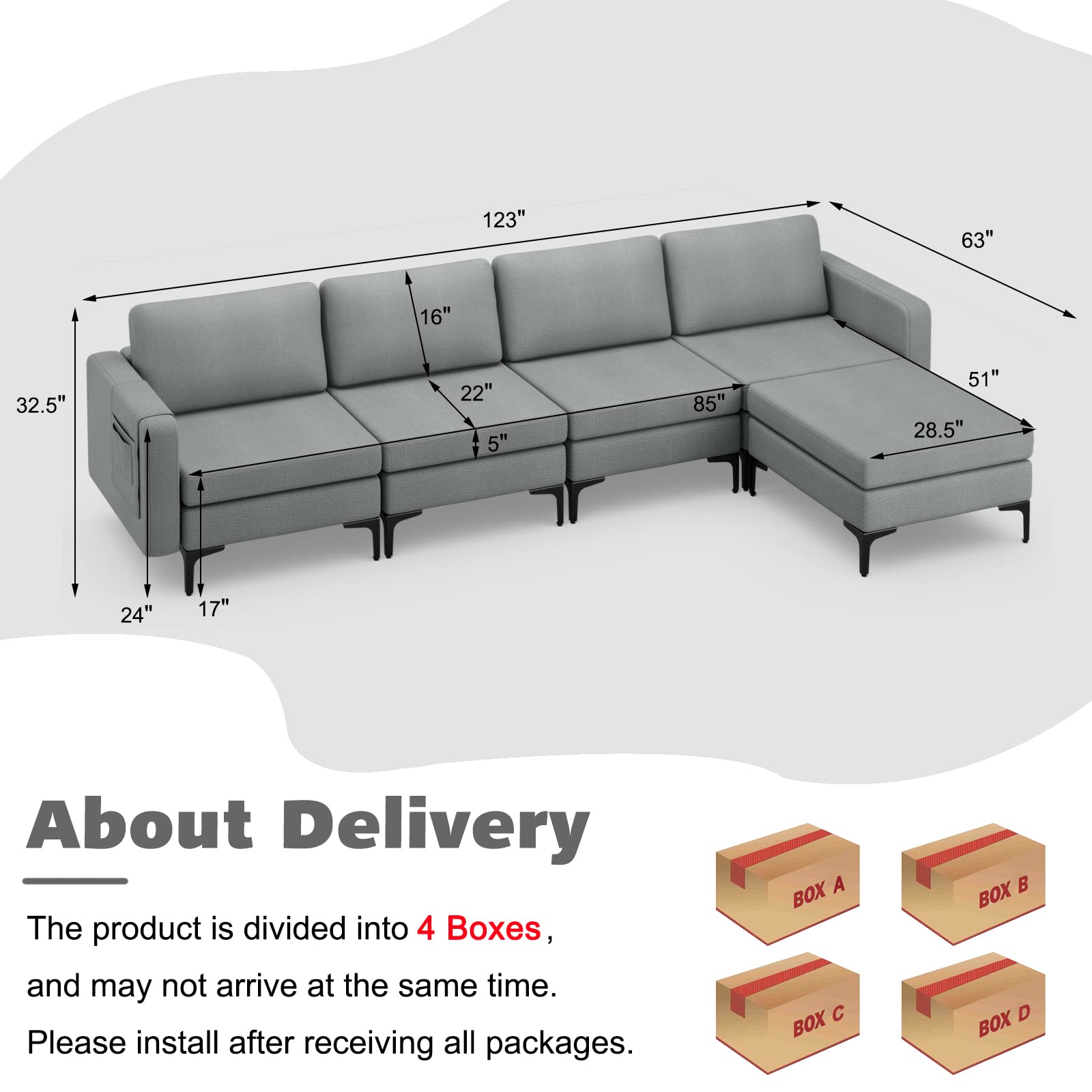 Giantex 4 Seat Convertible Sofa Couch, 123" L Sectional Sleeper with 2 or 1 USB Ports Socket