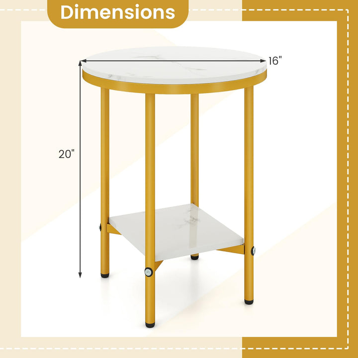 Giantex Round Side Table 2-Tier Faux Marble Sofa Side Coffee Table w/Gold Frame & Open Shelf