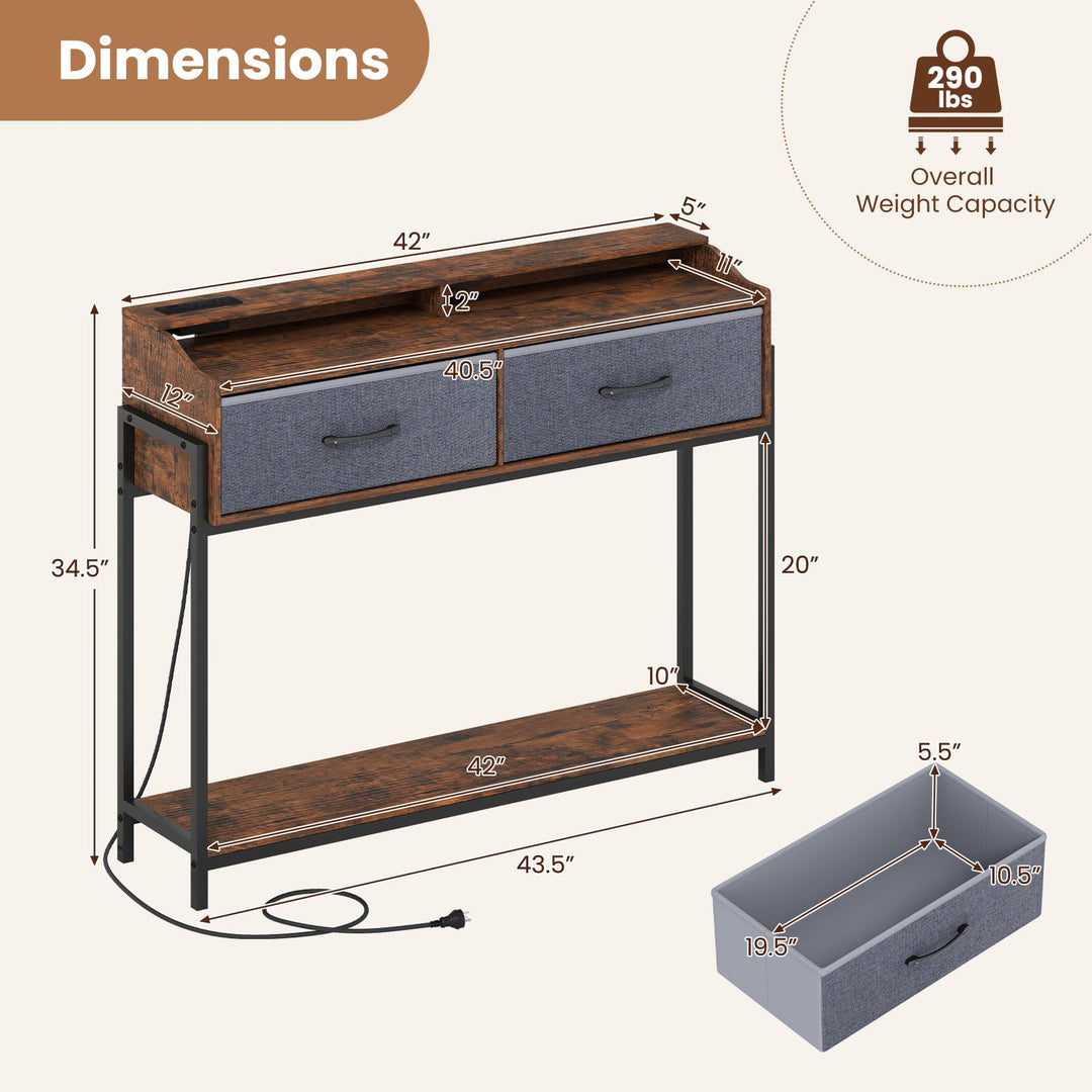 GIANTEX 43" Narrow Console Table with Charging Station &amp; 2 Drawers
